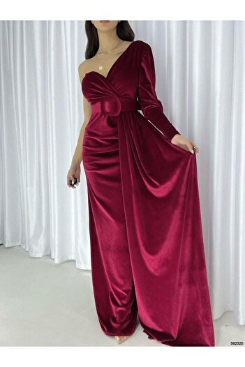 Modafeminen One Shoulder Belted Maxi Length Velvet Fabric Evening Dress 582320 Bordo