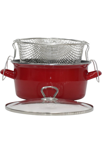 PR HOME Enameled Glass Lid Frying Pan 24 cm Red Chrome Top