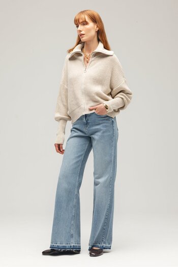 Saade Stone Women's Oversize Long Sleeve Zippered Half Turtleneck Knitwear Cardigan