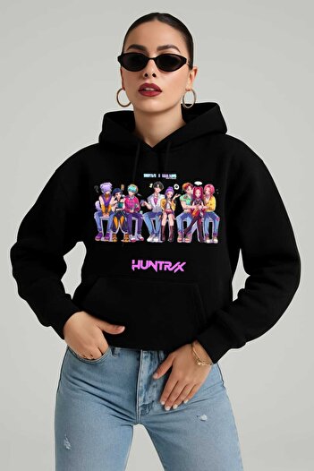 ECCAdesing Huntrix Demon Slayers Friends Group Printed 3 Thread Girls' Black Hooded Sweatshirt