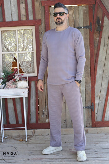 Nyda Collections Men's Quilted Fabric Regular Long Sleeve Sweatshirt with Pockets Elastic Waist Lace-Up Pants Set