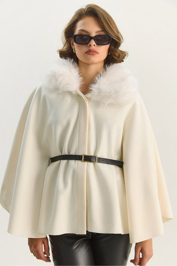 Bianco Lucci Women's Plush Collar Detailed Belted Cashmere Poncho 2805 60281115