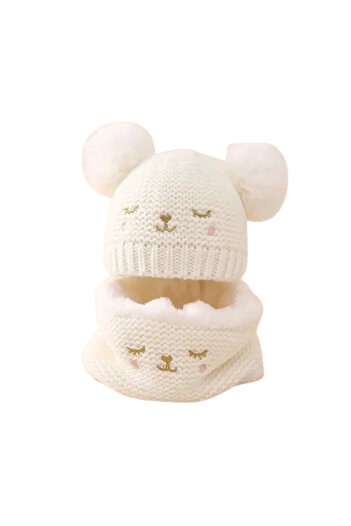 Tessero Very warm hat and scarf set for children, knitted pattern with teddy bear, fur, one size