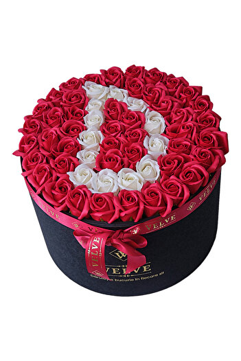 velve Personalized Eternal Floral Arrangement with the letter D, in a black round box with 55 soap roses