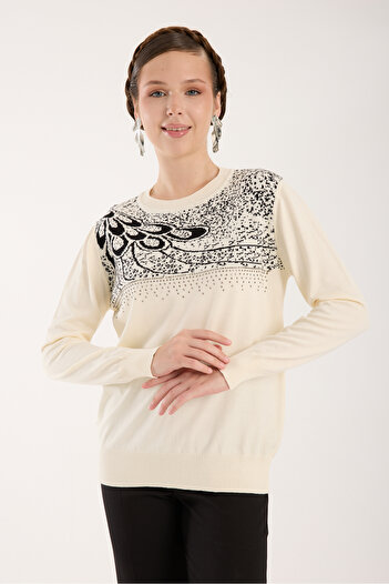 Moda Days Elite Viscose Fabric Stone Detailed Crew Neck Knit Blouse