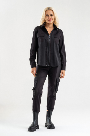Bold & Young Women's Black Zippered Pocket Shirt Top – Long Sleeve Sporty Stylish Design