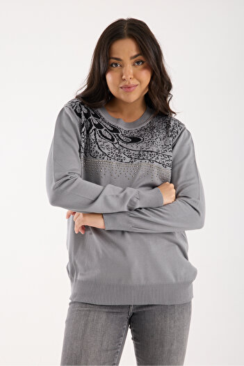 Moda Days Elite Viscose Fabric Stone Detailed Crew Neck Knit Blouse