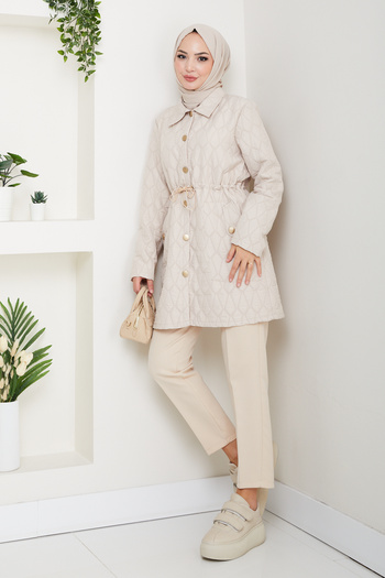 Pamuk Butik Women's Waist Tunnel Pass-Through Quilted Jacket Coat