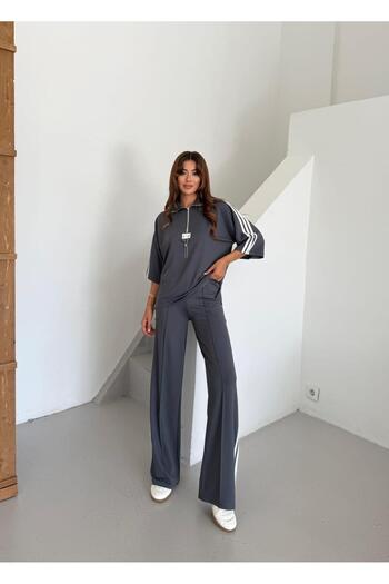 QİMYA BUTİK Women's Striped Embroidered Detailed Tracksuit Set with Bouquet