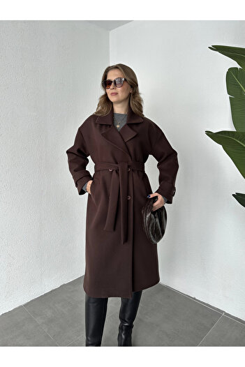 Asfa Moda Дамско кафяво двуредно палто с колан, дълго, от висококачествена вълна