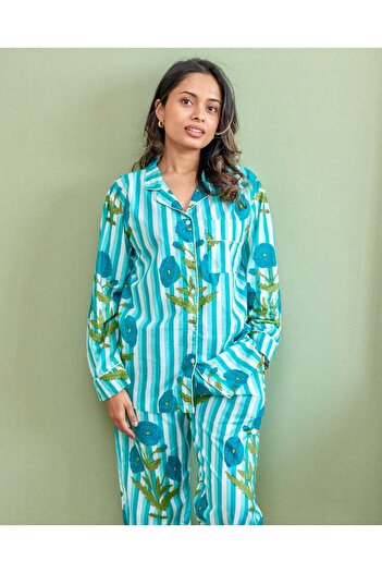 Ruh Collections Neel Bagh - Turquoise Floral Cotton Pajama Set