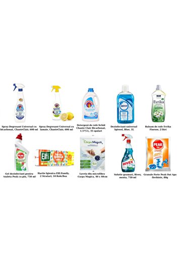 chante clair Set of 10 Cleaning Products - Degreaser, Bathroom, Kitchen, Laundry, Paper - Chanteclair, Rivex, Peak, Elfi