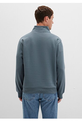 Mavi fermuarlı loose fit (bol rahat kesim) basic sweatshirt