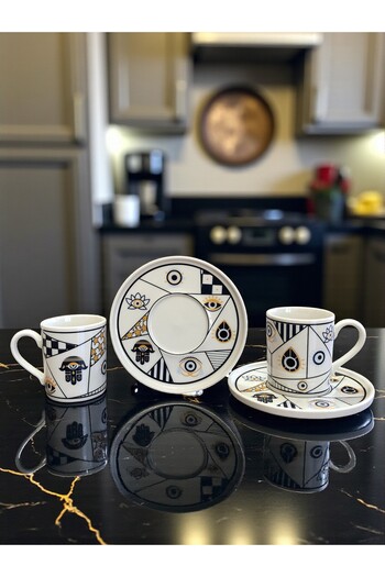 ferayhome Porcelain Coffee Cup Set for 2 People Hamse Pattern - Feray Home