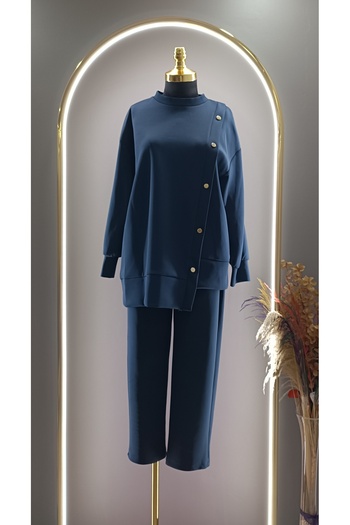 tesettürgiyim Women's Scuba Side Snap Pants Tunic Navy Blue Hijab Suit