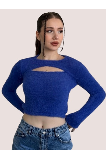 MAMAYAGA Women's Crew Neck Cutout Window Detail Long Sleeve Soft Fuzzy Winter Design Stylish Sweater Blouse