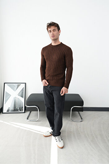 İLKCET MODA Crew Neck Brown Hair Knit Men's Sweater