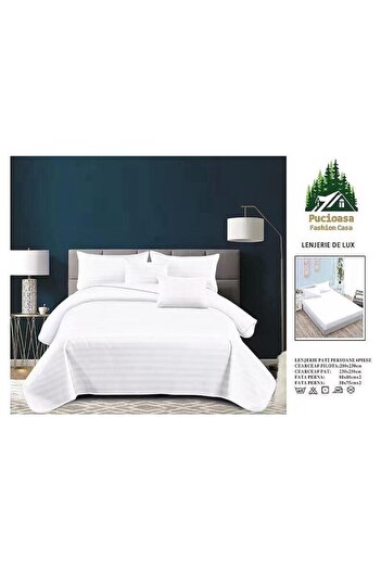 OEM Set Lenjerie de Damasc Premium, 6 piese, pat dublu 230x250cm, Alb