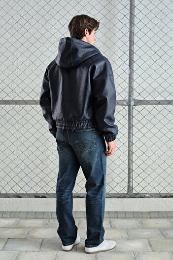 GIESTO Hooded Navy Blue Leather Jacket