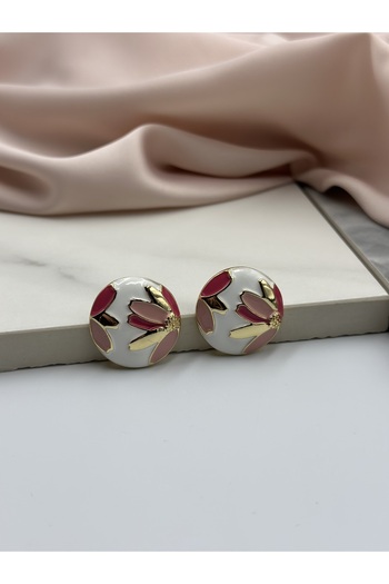 Unzilee Pink Enamel Flower Figured Design Earrings