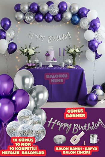 Baloncu Nene 30 Pieces of Purple Silver Balloons with Happy Birthday Writing and Silver Confetti Party Concept Birthday Decoration