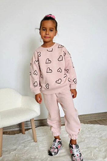 Kidmark Çocuk Modası Girl's Heart Detailed 100% Cotton Top and Bottom Set