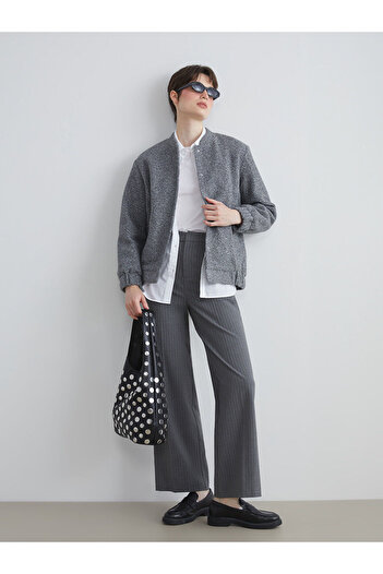 LC Waikiki Gray Stand Collar Plain Long Sleeve Women's Tweed Jacket