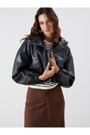 LC Waikiki Stand Collar Women's Cropped Leather Look Jacket