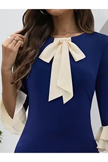 buğrahayalin Women's Three Quarter Sleeve Bow Collar Midi Imported Crepe Dress