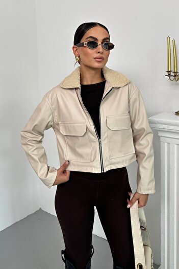 spirituel Women's Cropped Jacket Faux Leather Collar Fur Trim Zipper Double Pockets Short Leather Coat