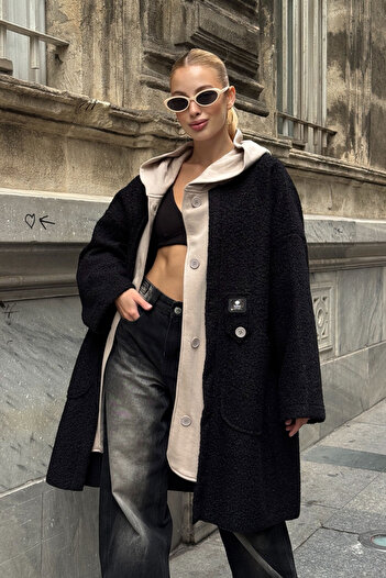 bacc Black Hooded Loose Fit Wide Pocket Boucle Coat Jacket