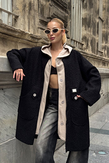 bacc Black Hooded Loose Fit Wide Pocket Boucle Coat Jacket