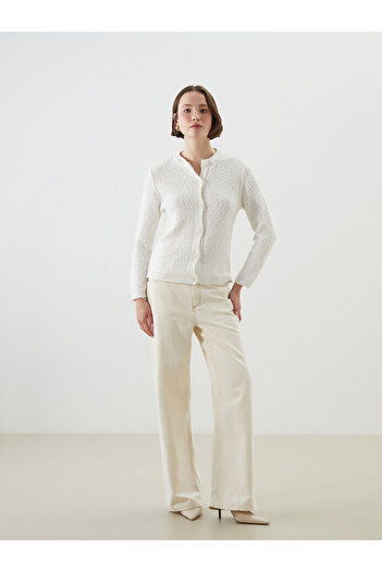 LC Waikiki Ecru Crew Neck Textured Women's Knitwear Cardigan