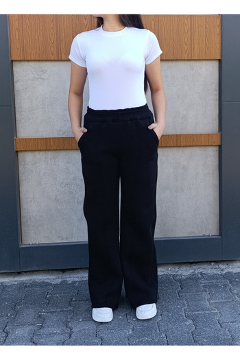 siyalife Wide Leg Pocketed 3 Thread Fleece Lined Ribbed Sweatpants