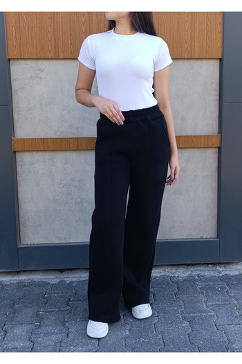 siyalife Wide Leg Pocketed 3 Thread Fleece Lined Ribbed Sweatpants