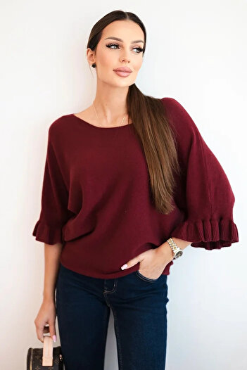 UniqueStore.ro Burgundy knitted sweater with puff sleeves and ruffles