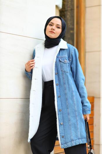 Hb Harma Time Butik Women's Buttoned Long Denim Jacket with Pockets and Fur Inside