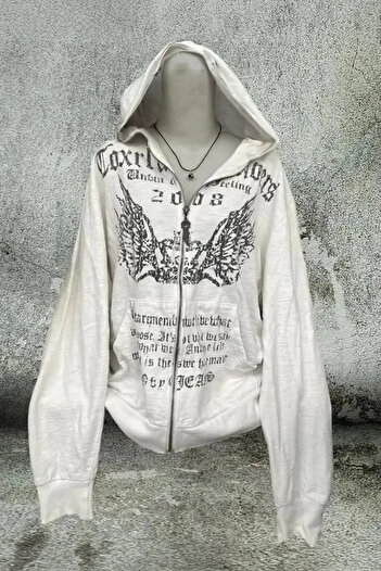 Karakedi Gray Melange Crown Wings Gothic Y2K Unisex Hooded Unsiex Cardigan