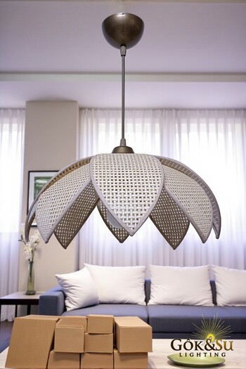 Göksu Lighting Rattan Hazeran Naturel Papatya Model Bohem Avize Salon Avize Oturma Odası Avize
