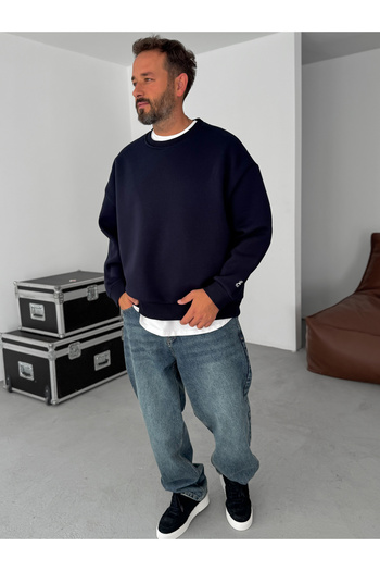 BYBASICMAN Dark Navy Blue Bb Embroidered Basic Oversize Sweatshirt by