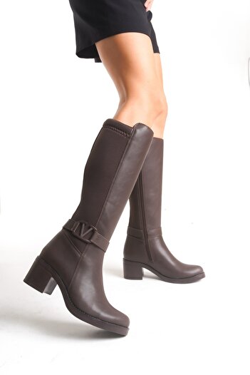 Limeo Bitter Brown Leather Look Stretchy Back Flexible Thick Mid-Heeled V Metal Detail Zippered Long Boots