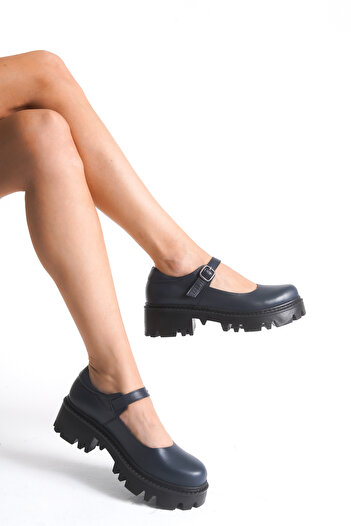 ERNİLA Flora Genuine Leather Women's Strappy Navy Blue Loafer Shoes