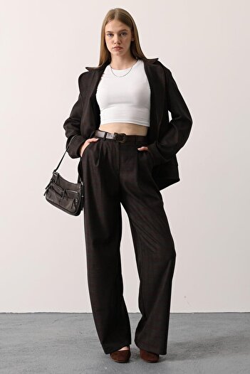 VAGGON Women's Brown Double Pocket Plaid Patterned Palazzo Pants Vs01264