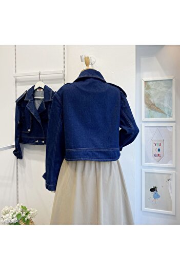 Faya Boutique Navy Blue Staple Button Detailed Denim Jacket