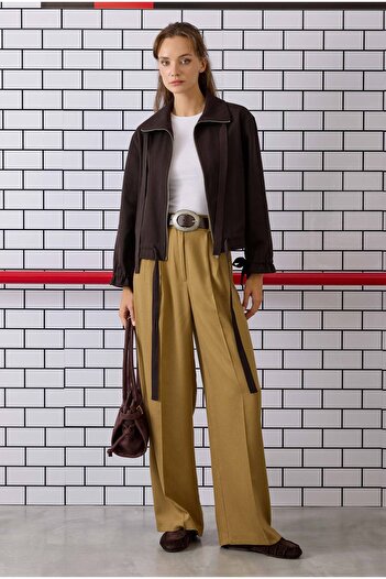 HEQA Pile Detailed Palazzo Pants Camel
