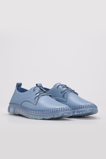 TUGERDİ Blue Denim Genuine Leather Lace-Up Rubber Sole Casual Women's Shoes Tg096092615476