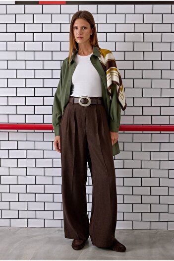 HEQA Pile Detailed Palazzo Trousers Bitter Brown