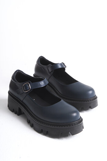ERNİLA Flora Genuine Leather Women's Strappy Navy Blue Loafer Shoes
