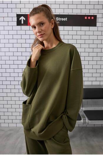 HEQA Ribbed Relaxed Fit Sweatshirt Moss Green