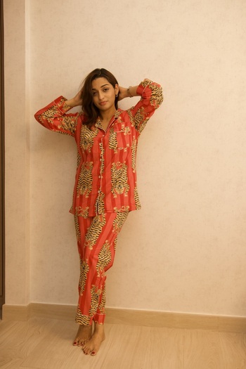 Ruh Collections Bagh-e-Sher - Red Tiger Print Cotton Pajama Set